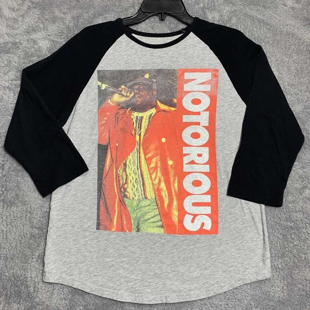 21 Men Notorious BIG Raglan Shirt Mens L Gray Black 3/4 Sleeve 1995 Live Graphic